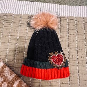 Kids Pom Pom Beanie with Heart Patch - Black, Red, Green